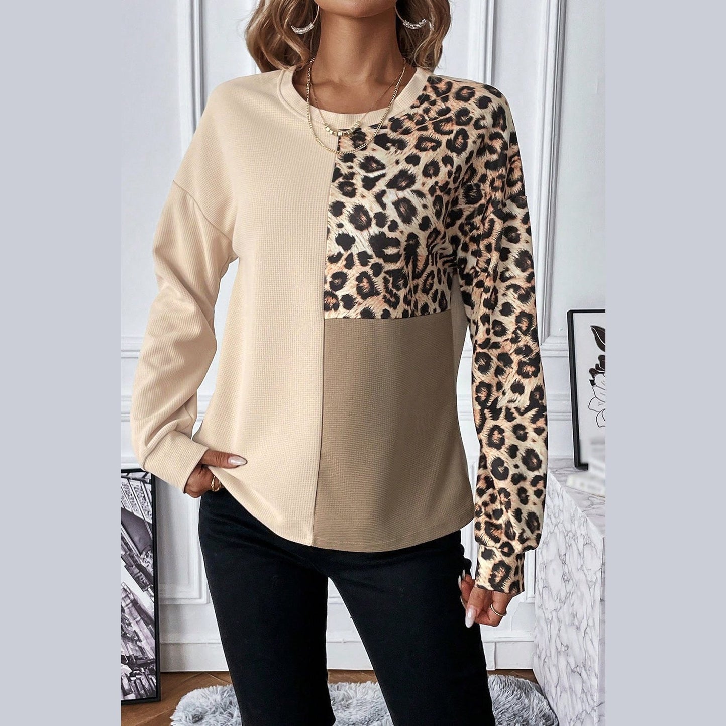 RTS Carolyn Pale Khaki Leopard Colorblock Waffle Knit Top