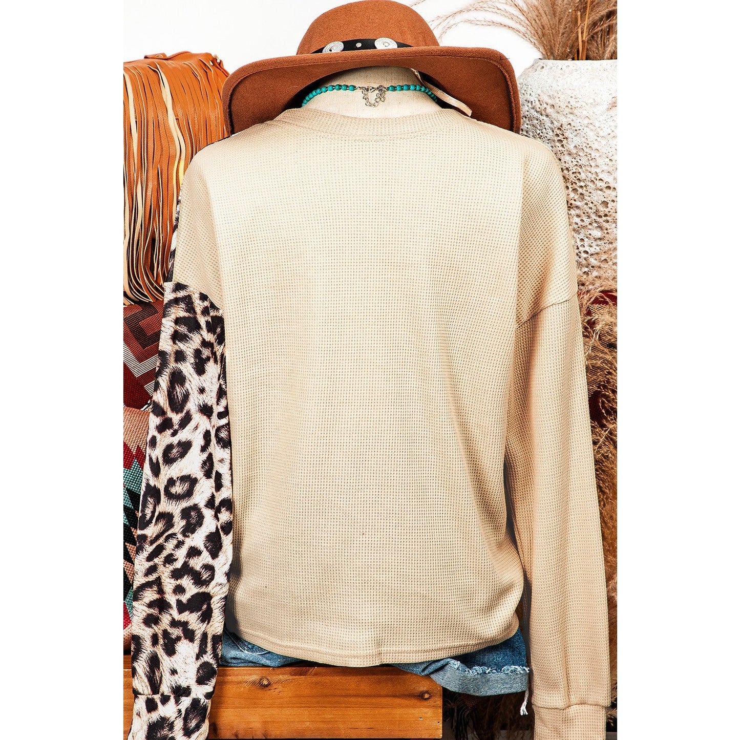 RTS Carolyn Pale Khaki Leopard Colorblock Waffle Knit Top
