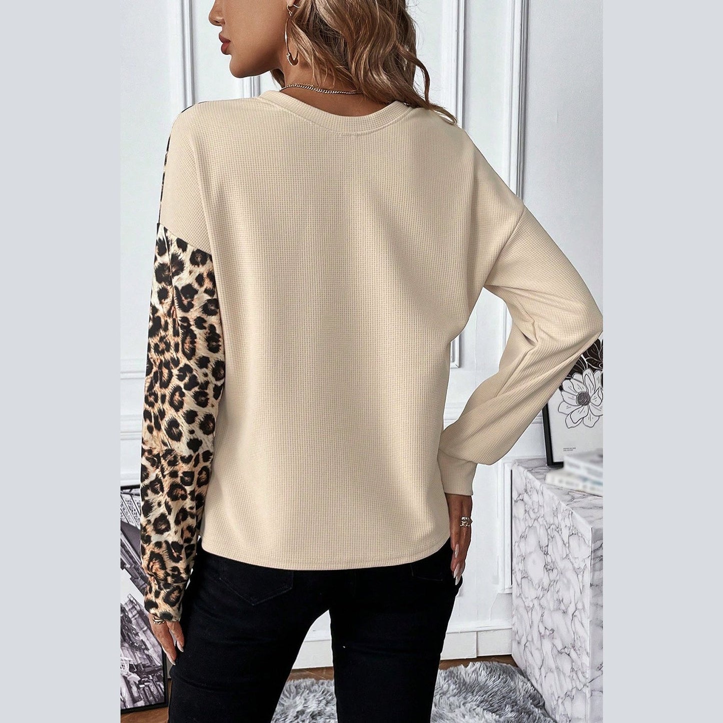 RTS Carolyn Pale Khaki Leopard Colorblock Waffle Knit Top