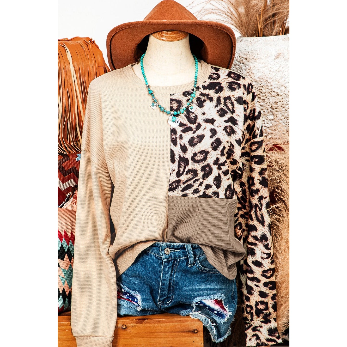 RTS Carolyn Pale Khaki Leopard Colorblock Waffle Knit Top