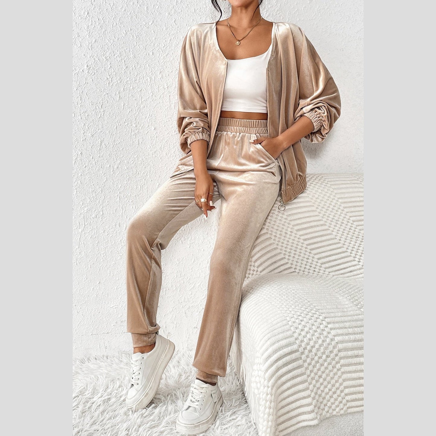 Carrey Parchment Velvet Zipped Top and Joggers Two Piece Set