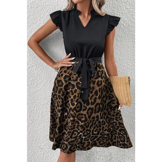 Carsey Black Flutter Sleeve Bodice Splicing Leopard Print Dress