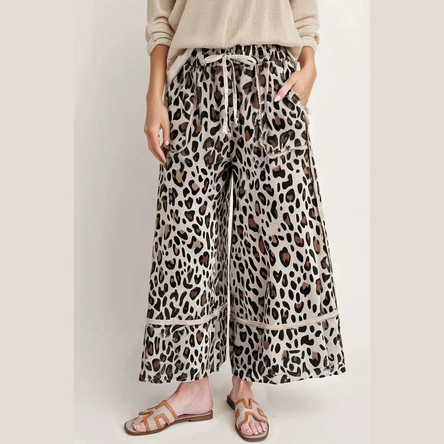 Carsey Khaki Leopard Wide Leg Cropped Pants