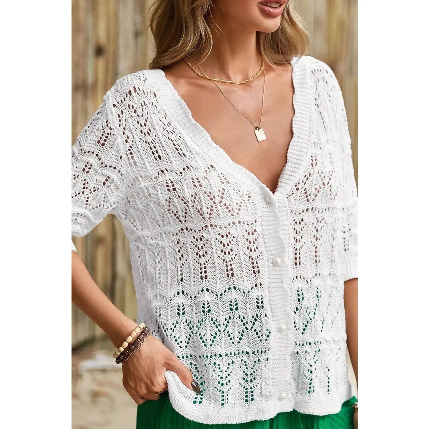 Carson White Frenchy Hollow Out Knitted V Neck Cardigan