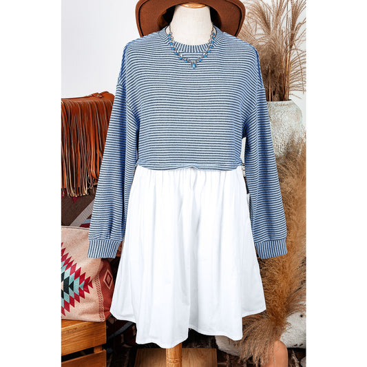 Carsten Sky Blue Stripe Patchwork Pleated High Waist Loose Mini Dress