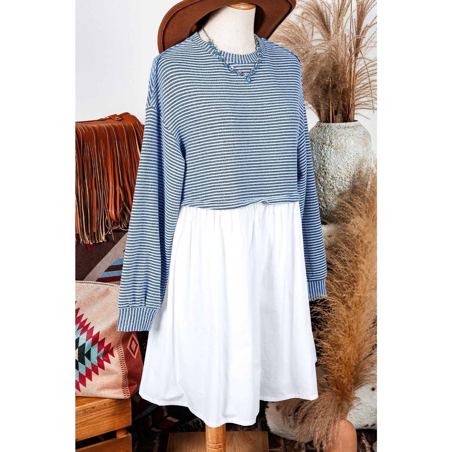 Carsten Sky Blue Stripe Patchwork Pleated High Waist Loose Mini Dress