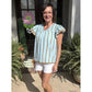 RTS Carsten Sky Blue Stripe Ricrac Trim Double Ruffled Short Sleeve V Neck Blouse