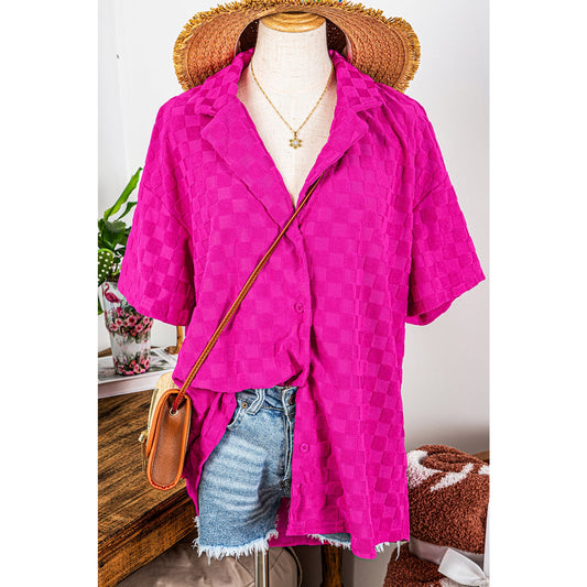 SALE!!!  Carsyn Bright Pink Lapel Neck Checkered Textured Short Sleeve Shirt   SALE!!!
