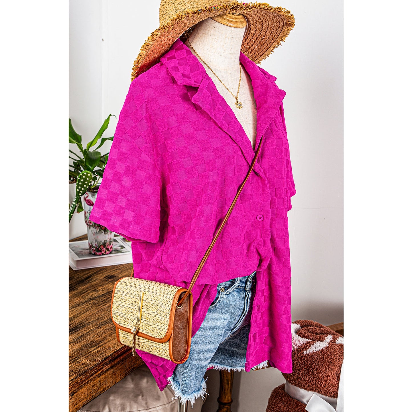 SALE!!!  Carsyn Bright Pink Lapel Neck Checkered Textured Short Sleeve Shirt   SALE!!!