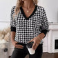 Cass Houndstooth V Neck Button Sleeve Top