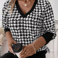 Cass Houndstooth V Neck Button Sleeve Top