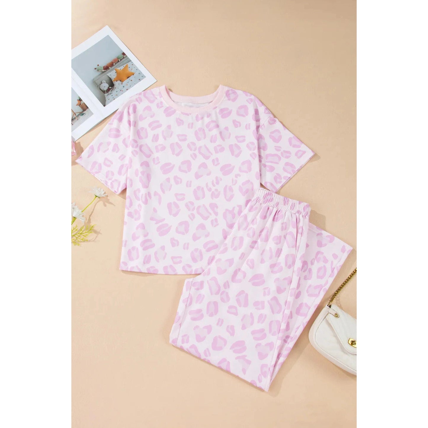 Cassander Pink Leopard Two Piece Top and Pants Set