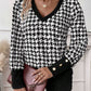 Cass Houndstooth V Neck Button Sleeve Top