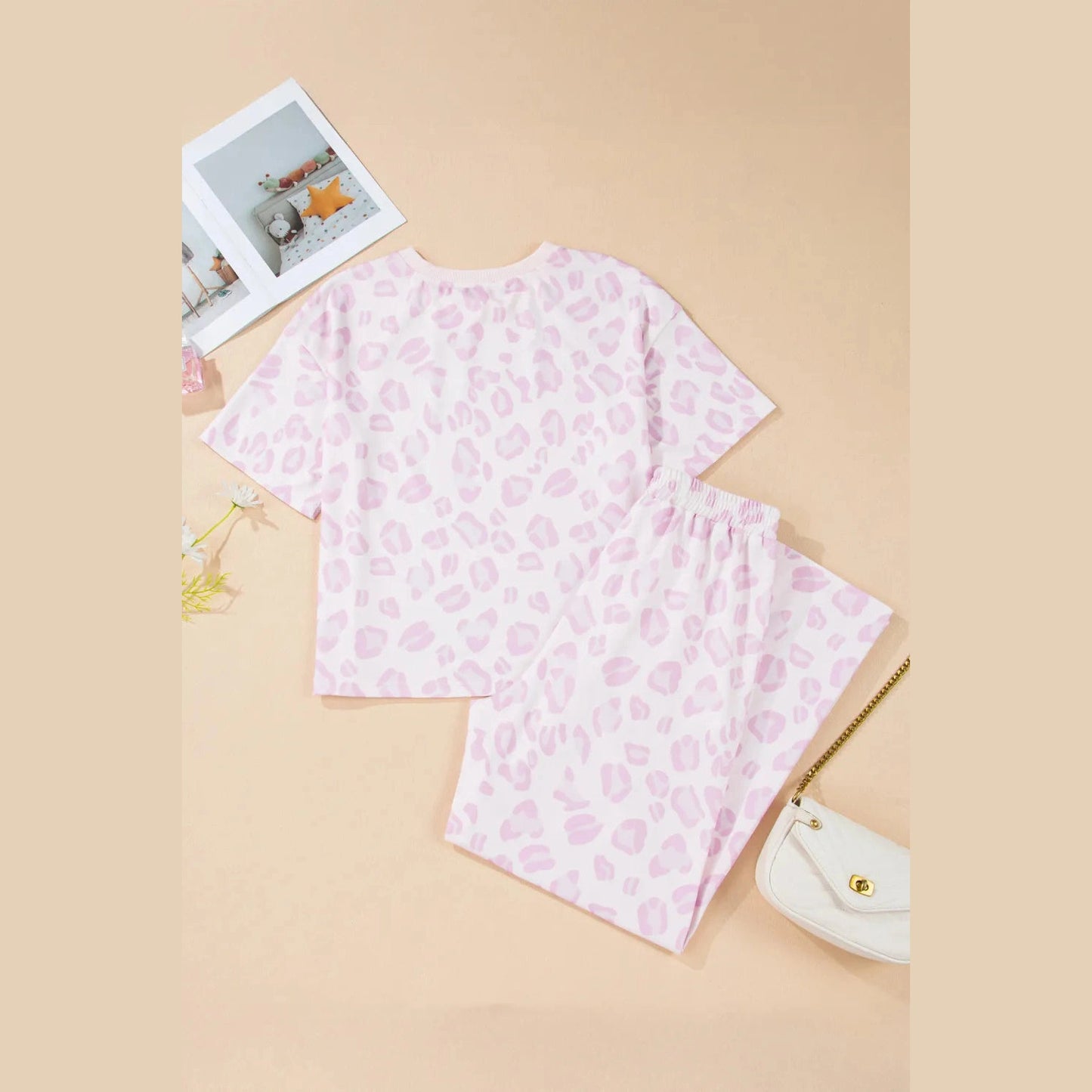 Cassander Pink Leopard Two Piece Top and Pants Set