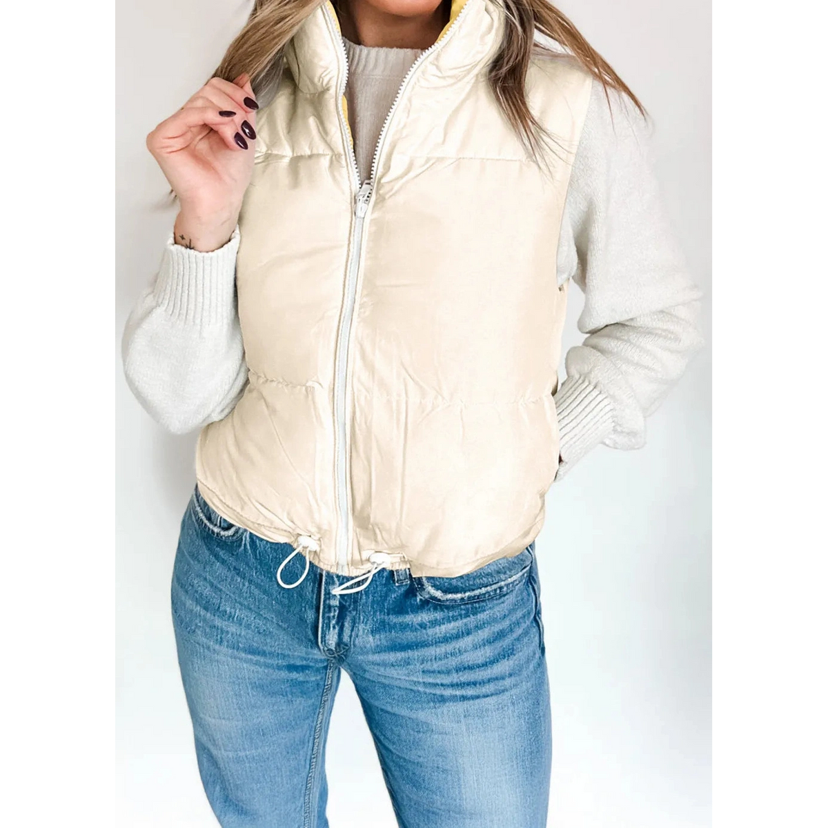 Cass Reversible Double Wear Contrast Color Stand Neck Zip Pocket Quilted Vest