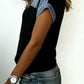 Cassian Black Textured Knit Denim Color Block Patchwork Collar Button Down Shirt