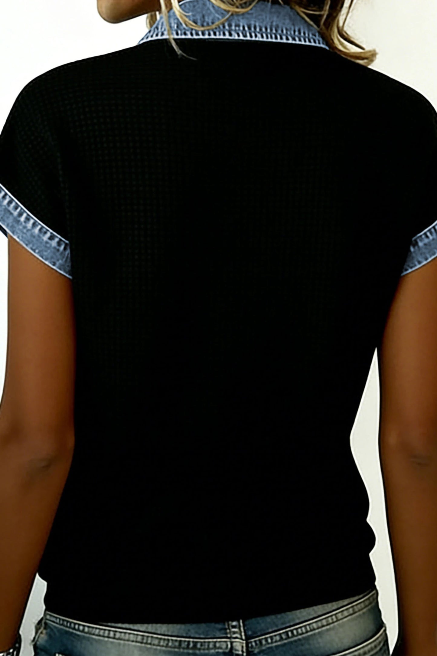 Cassian Black Textured Knit Denim Color Block Patchwork Collar Button Down Shirt