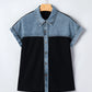 Cassian Black Textured Knit Denim Color Block Patchwork Collar Button Down Shirt