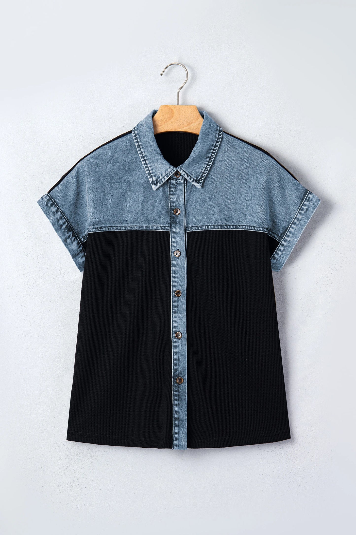 Cassian Black Textured Knit Denim Color Block Patchwork Collar Button Down Shirt