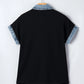 Cassian Black Textured Knit Denim Color Block Patchwork Collar Button Down Shirt