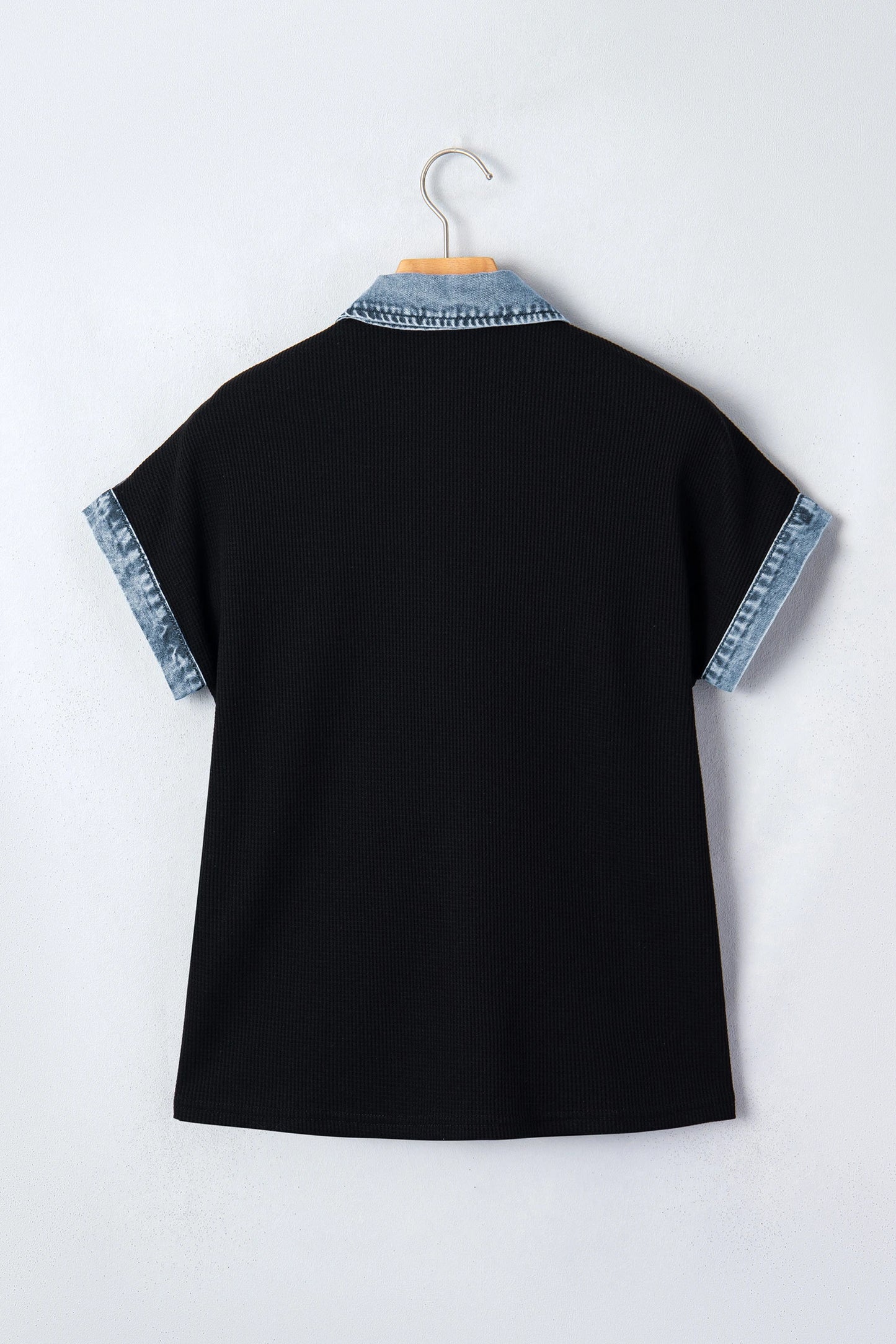 Cassian Black Textured Knit Denim Color Block Patchwork Collar Button Down Shirt
