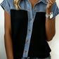 Cassian Black Textured Knit Denim Color Block Patchwork Collar Button Down Shirt