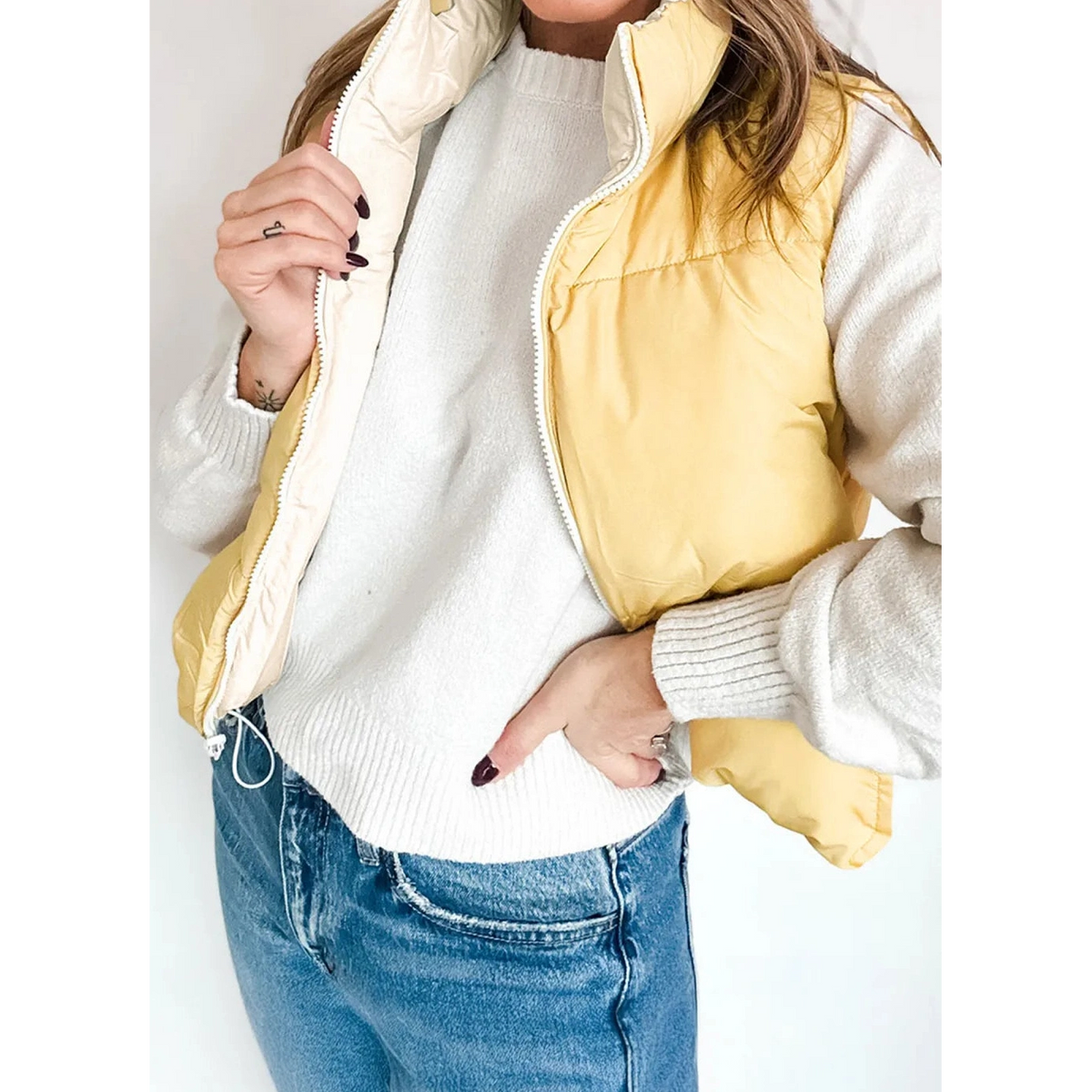 Cass Reversible Double Wear Contrast Color Stand Neck Zip Pocket Quilted Vest