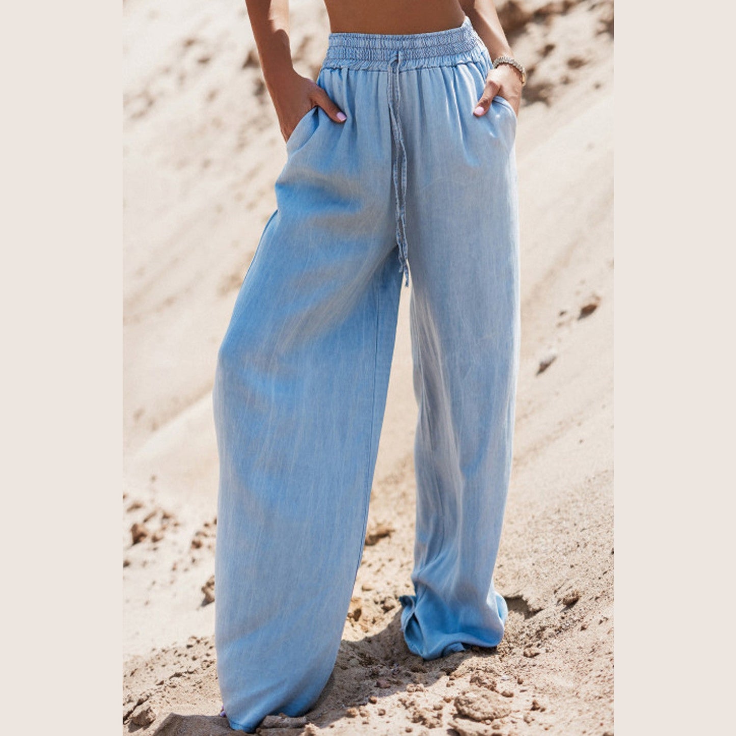 Cassey Myosotis Drawstring High Waist Wide Leg Denim Pants