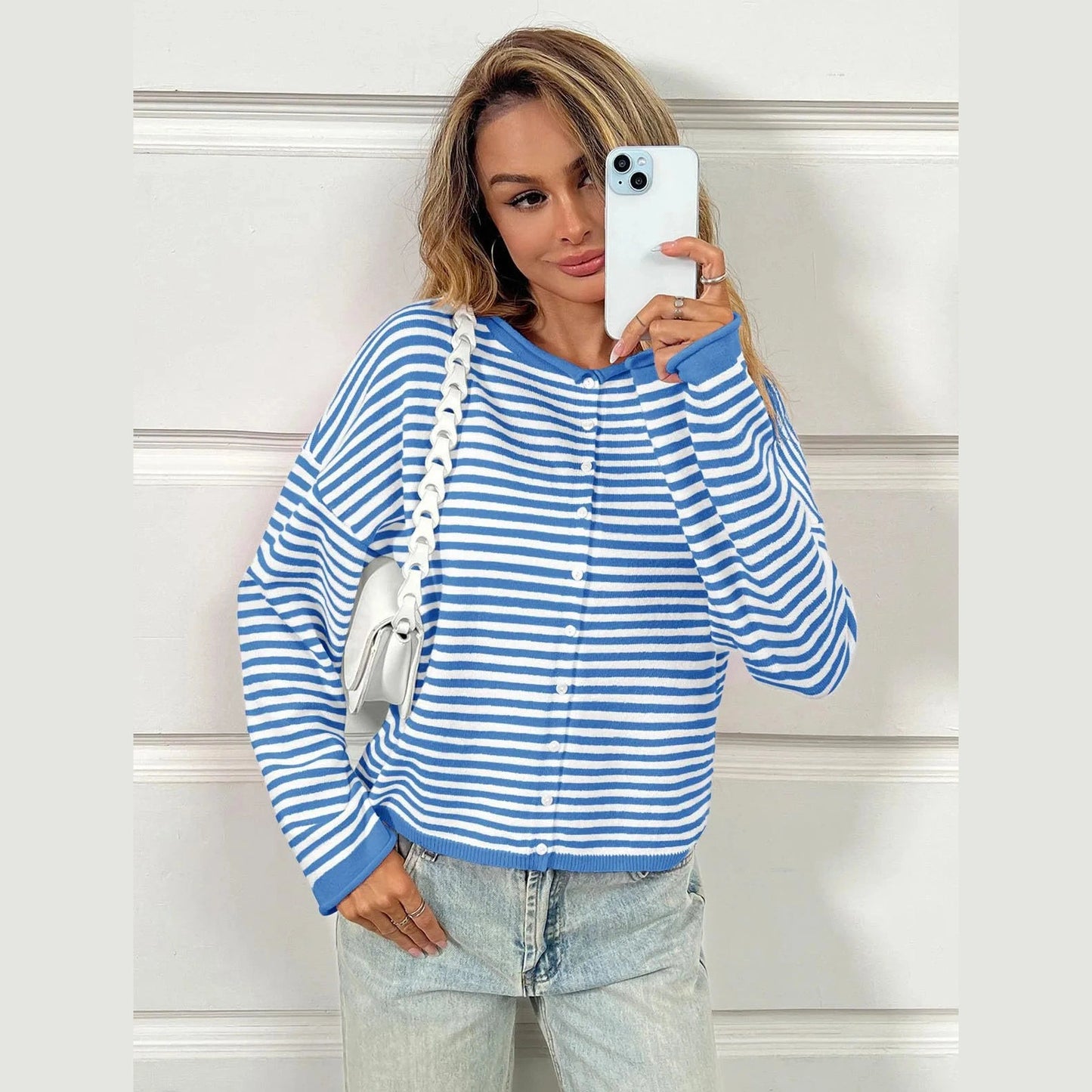 Cassy Blue Striped Button Up Cardigan