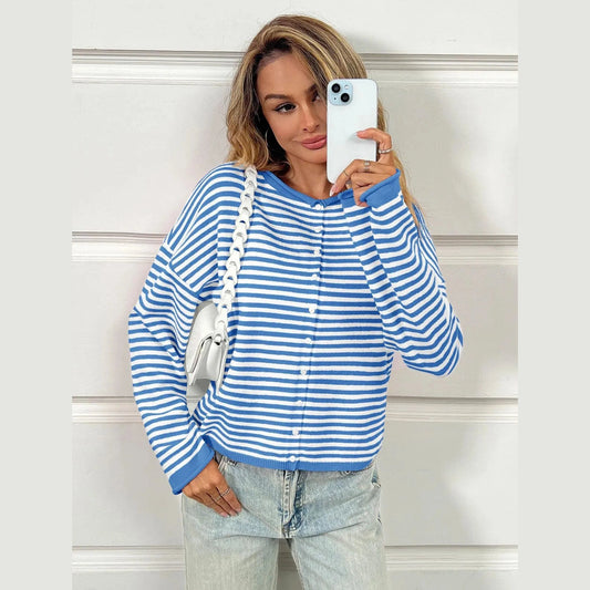 Cassy Blue Striped Button Up Cardigan
