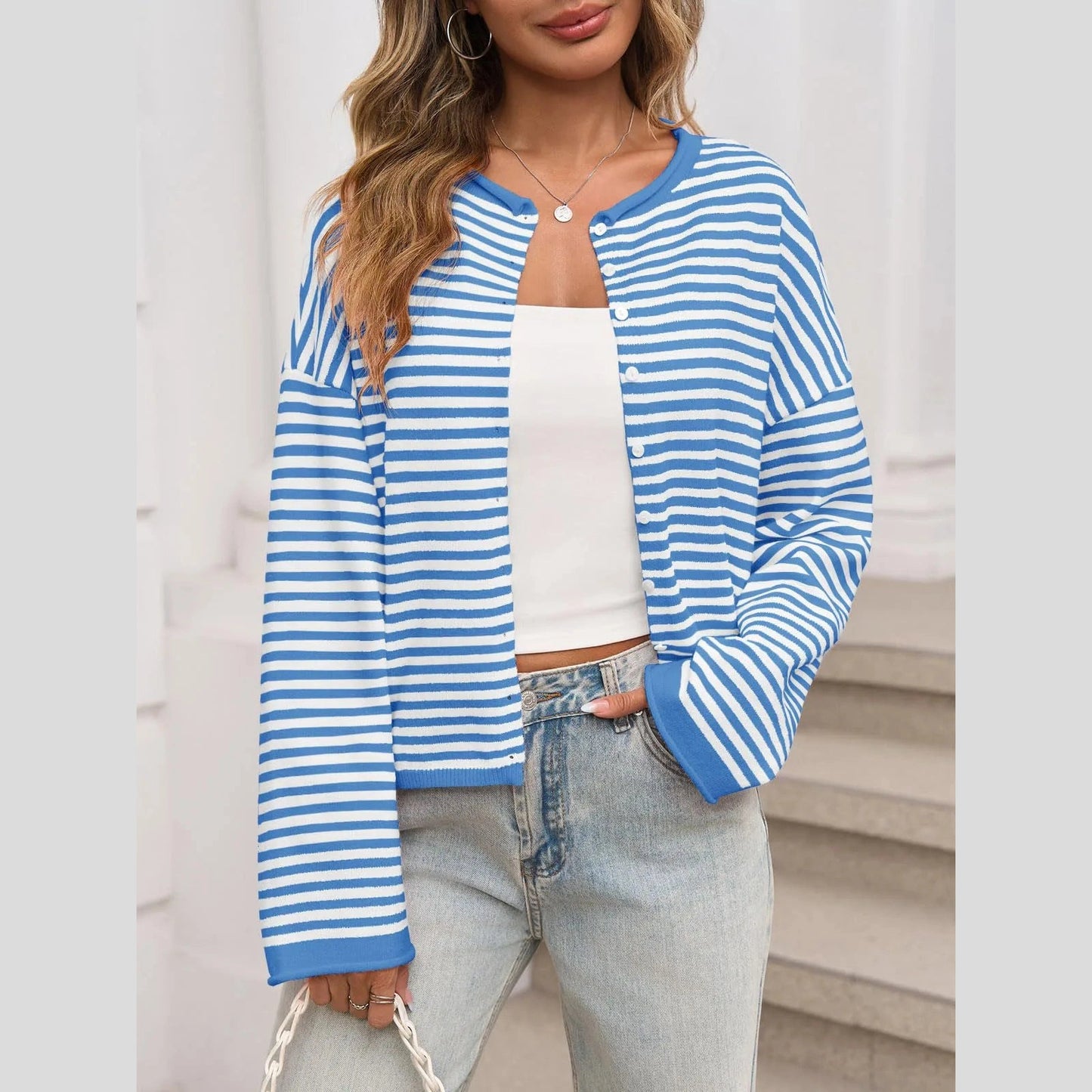 Cassy Blue Striped Button Up Cardigan