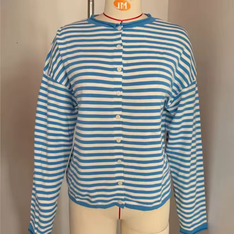 Cassy Blue Striped Button Up Cardigan