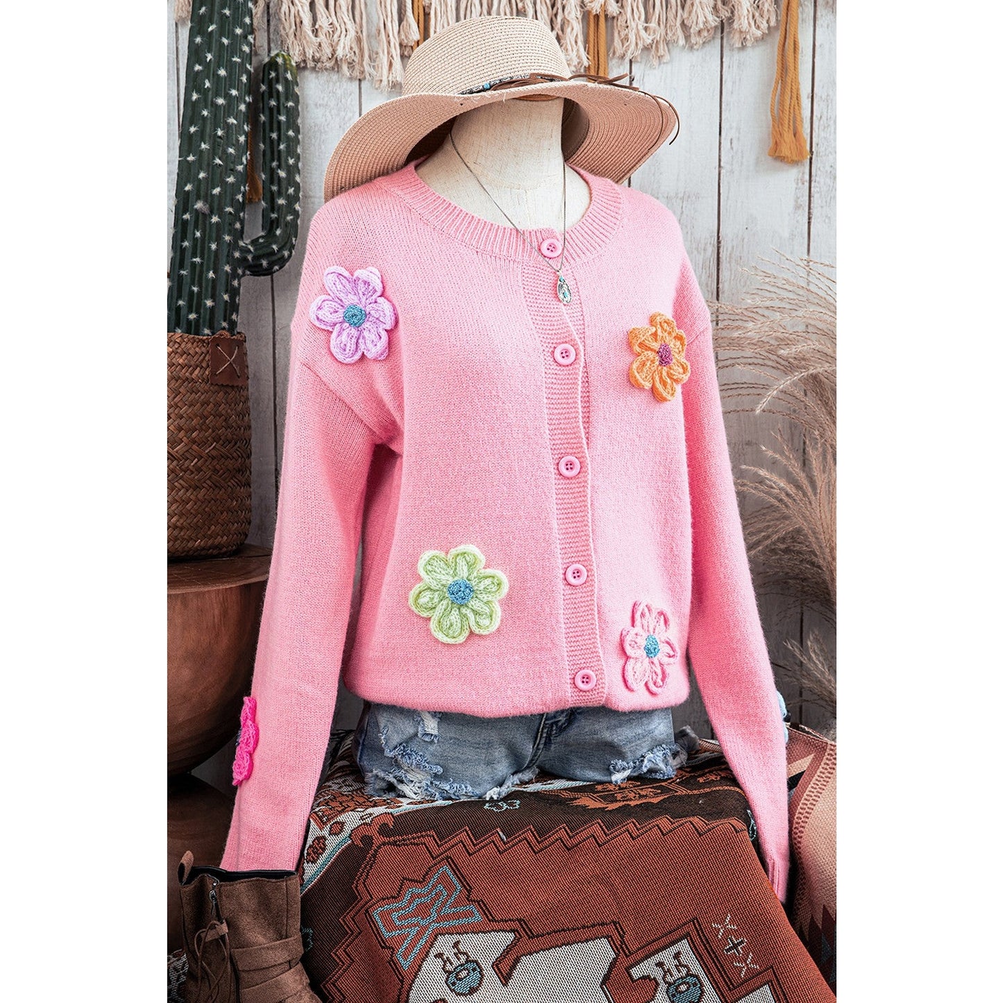 REDUCED!!!  Kathleen Pink Knitted Floral Pattern Button Up Cardigan  REDUCED!!!