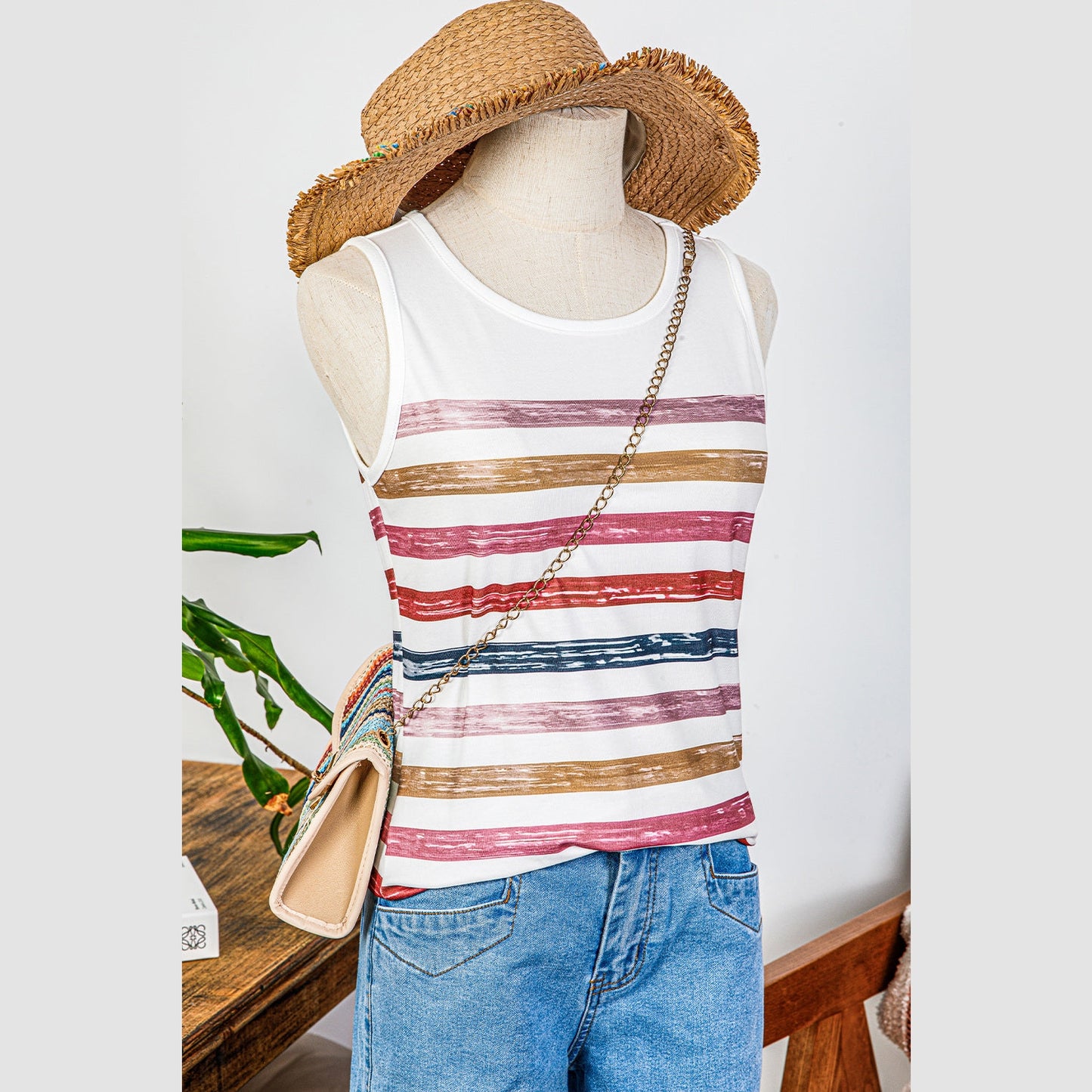 Caylee Red Stripe Rainbow Round Neck Tank Top