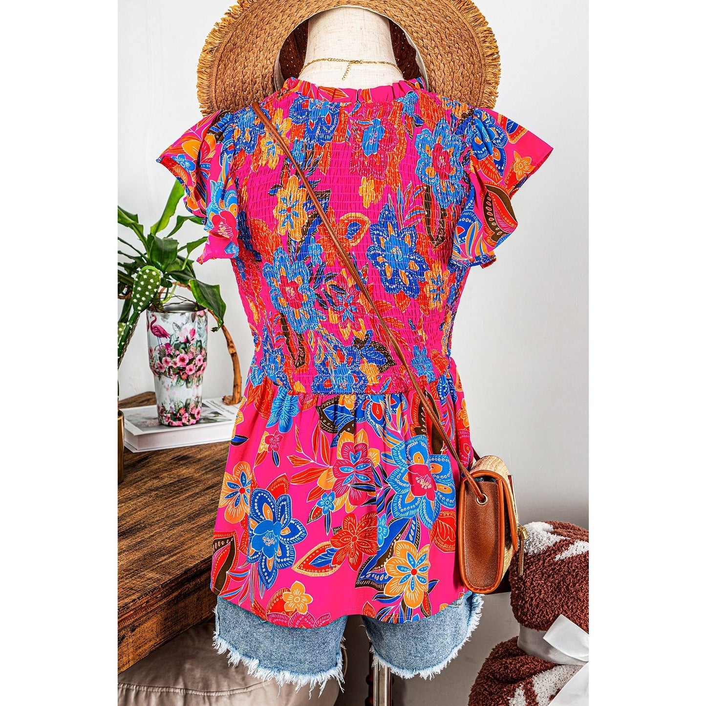 Caz Floral Print Smocked Ruffle Trim Flutter Sleeve Blouse