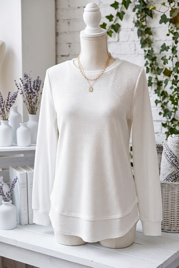 Rylee White Rounded Hem Waffle Long Sleeve Top