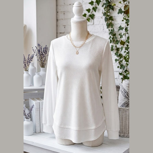 Rylee White Rounded Hem Waffle Long Sleeve Top