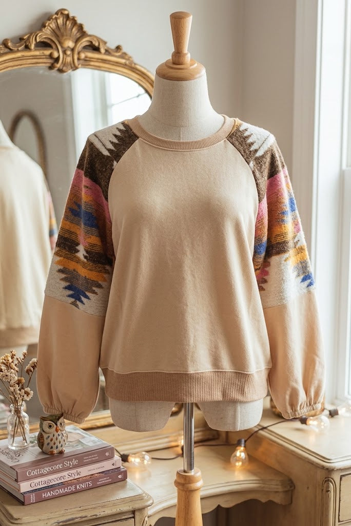 Aztec Light French Beige Patchwork Raglan Pullover Sweatshirt