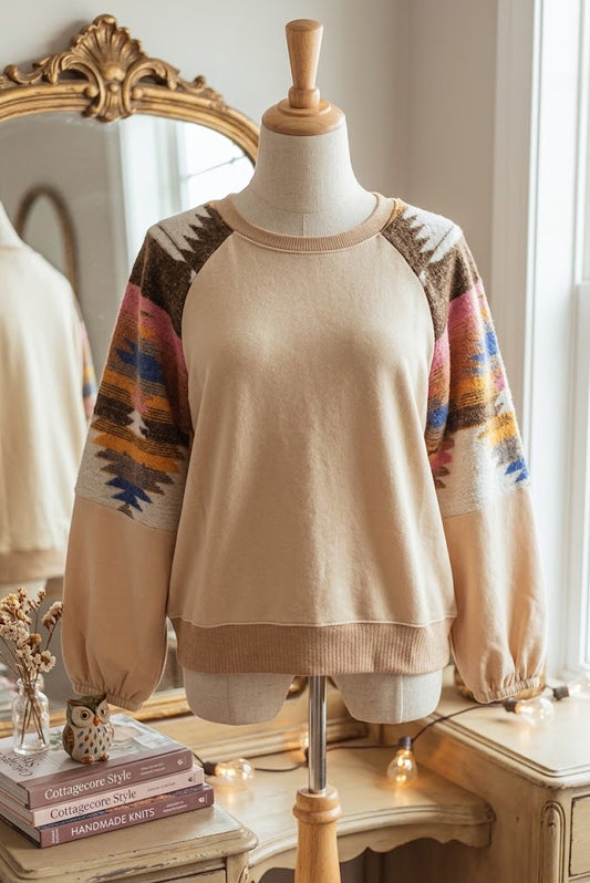 Aztec Light French Beige Patchwork Raglan Pullover Sweatshirt