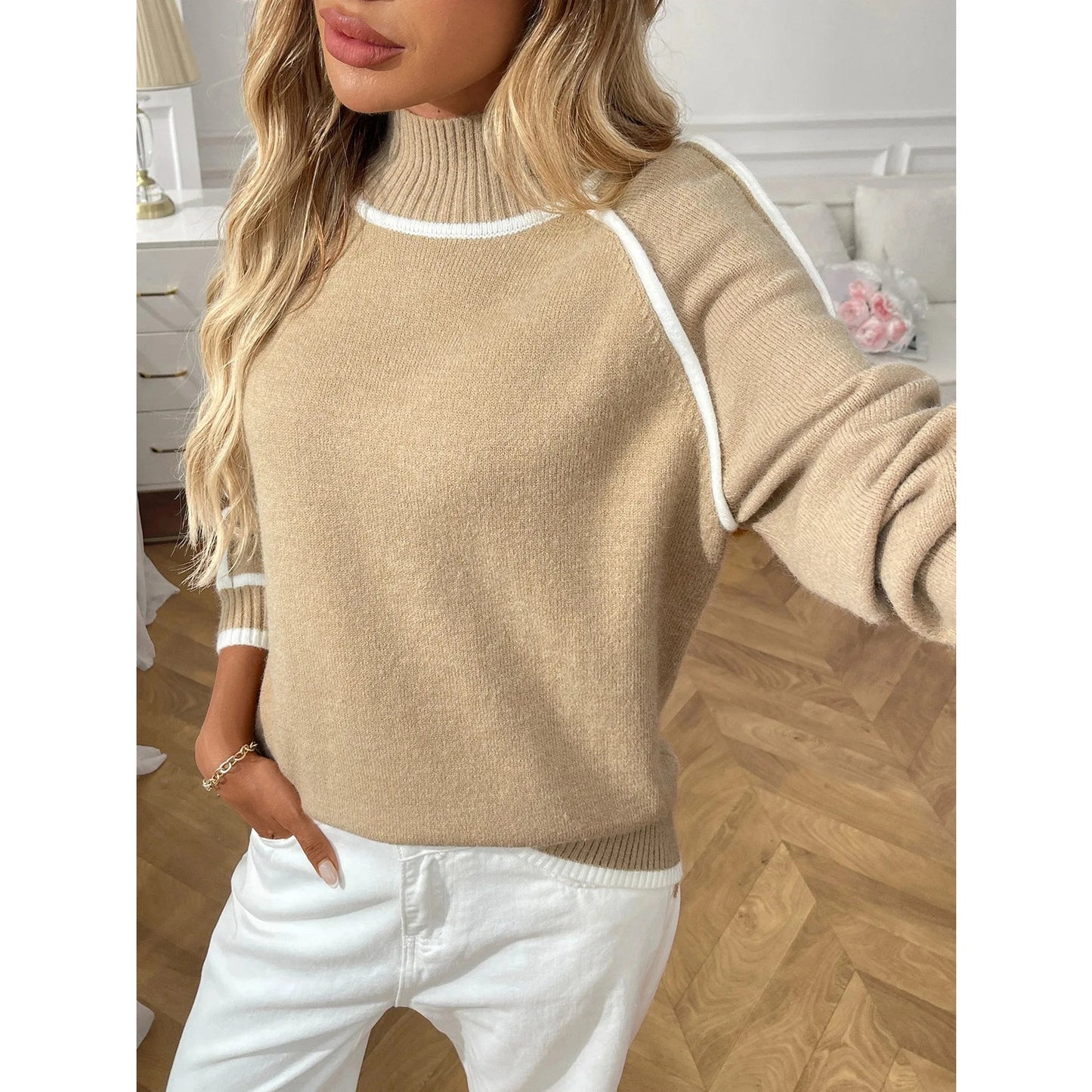 Cece Khaki Turtleneck Contrast Exposed Trim Sweater