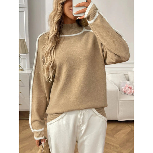 Cece Khaki Turtleneck Contrast Exposed Trim Sweater