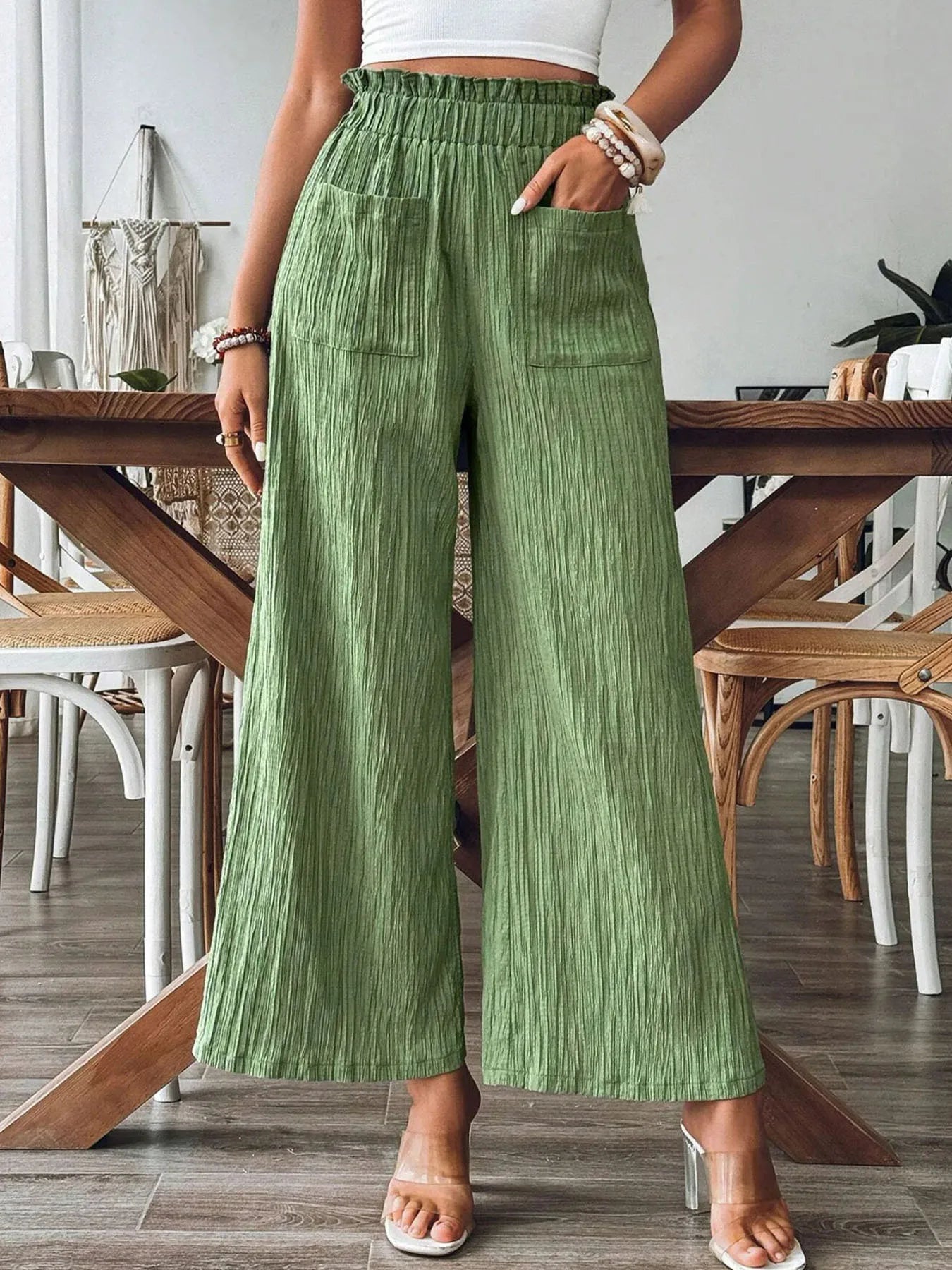 Ceclia Green Crinkle Comfort Trousers