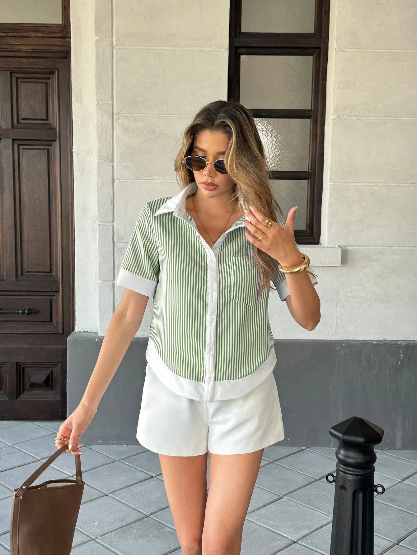 Celeste Green Collar Striped Short Sleeved Shirt