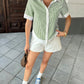 Celeste Green Collar Striped Short Sleeved Shirt