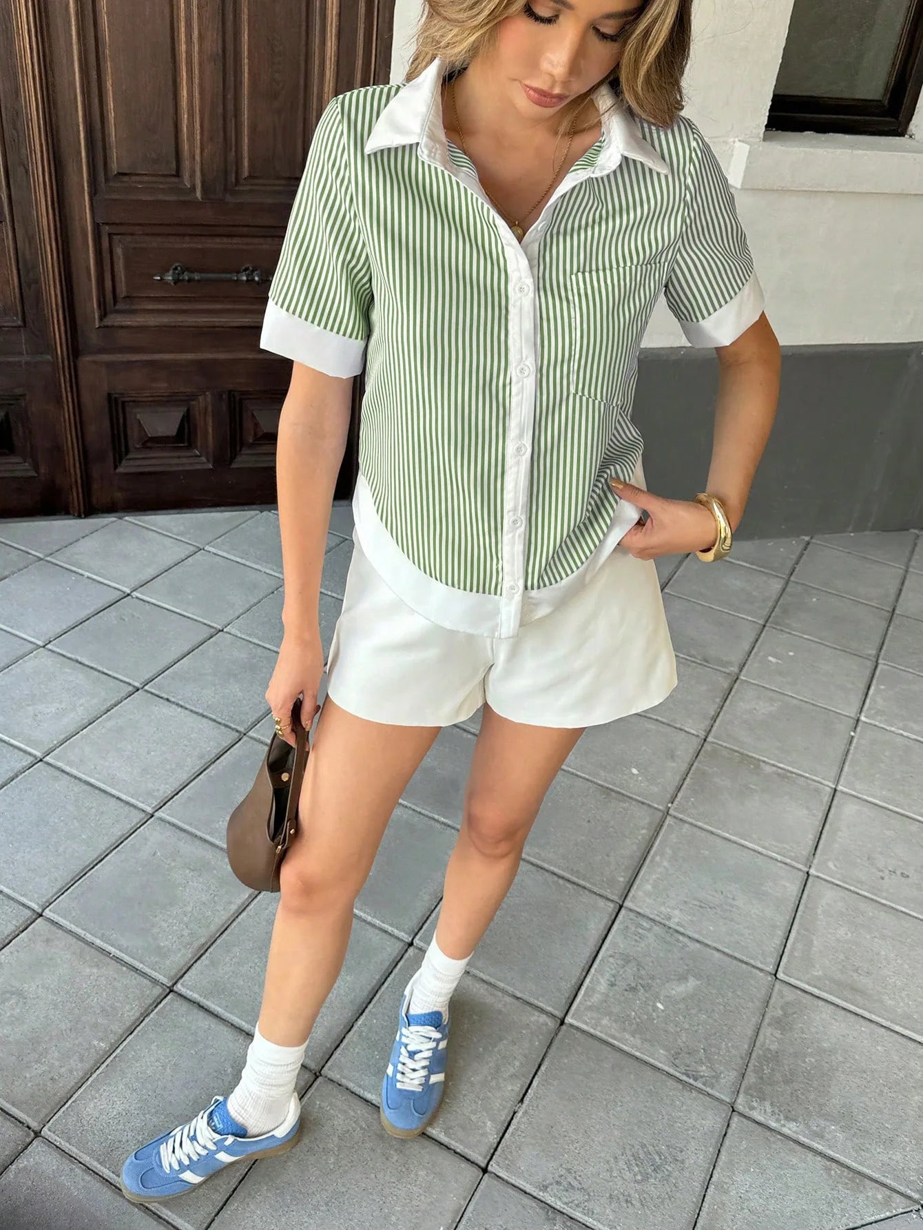 Celeste Green Collar Striped Short Sleeved Shirt