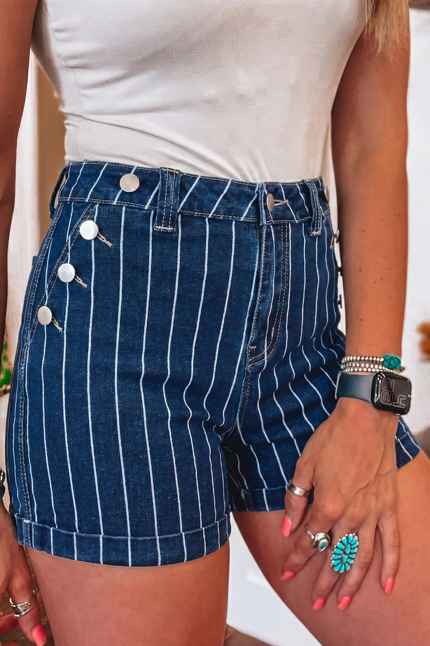 Chadley Blue Stripe Metal Button Detail Denim Shorts