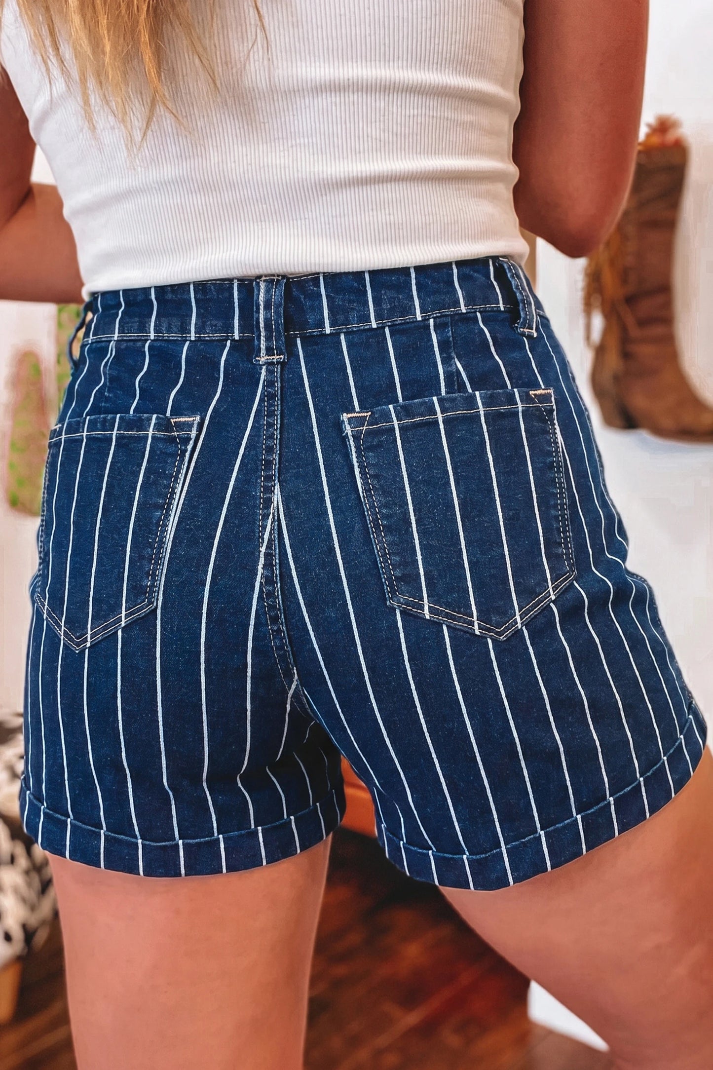 Chadley Blue Stripe Metal Button Detail Denim Shorts