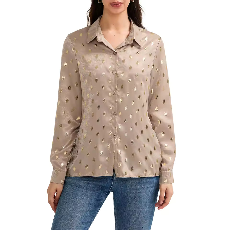 Zander Champagne Foil Dot Button Up Blouse