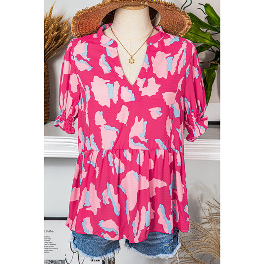 Chancie Abstract Print Smocked Puff Sleeve V Neck Blouse