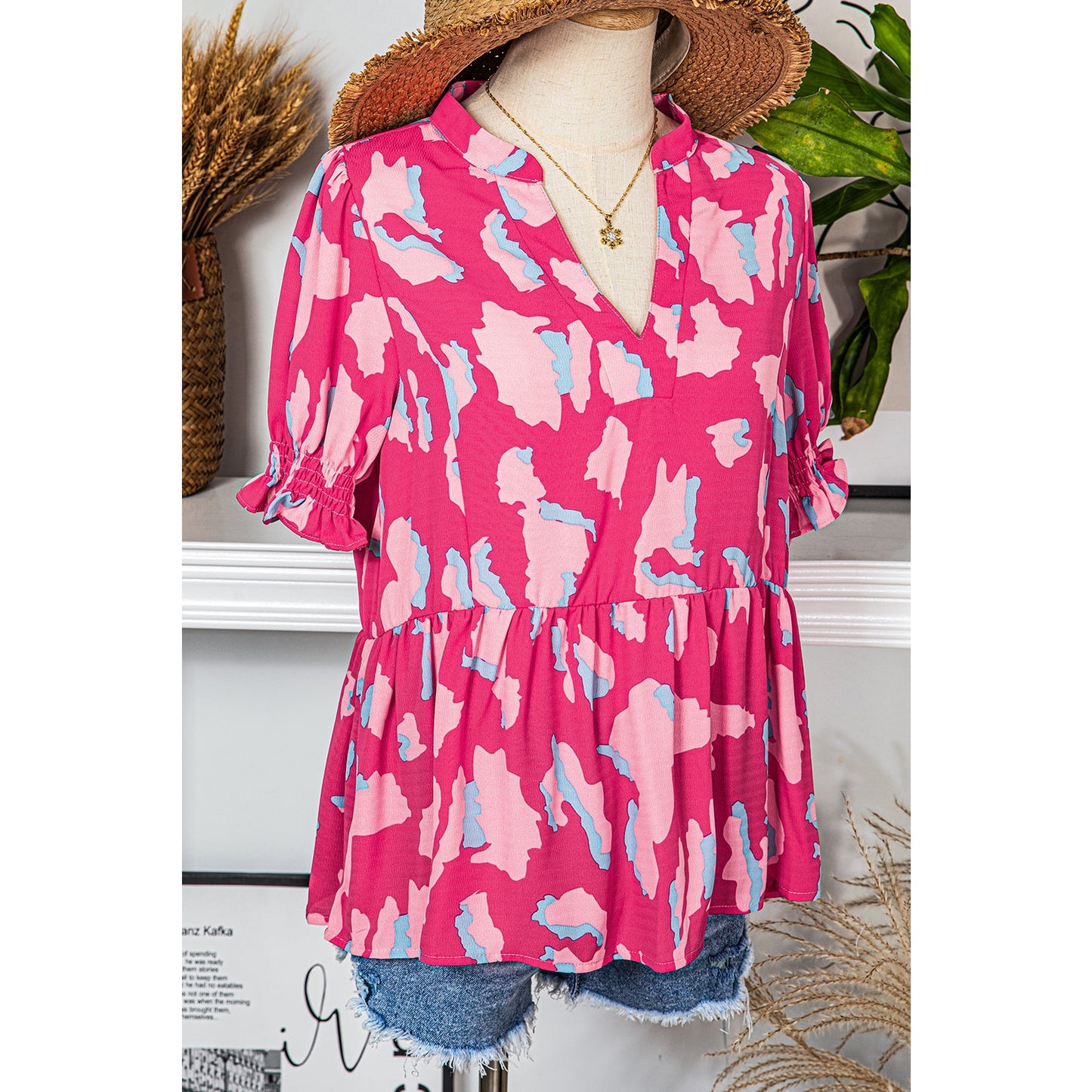Chancie Abstract Print Smocked Puff Sleeve V Neck Blouse
